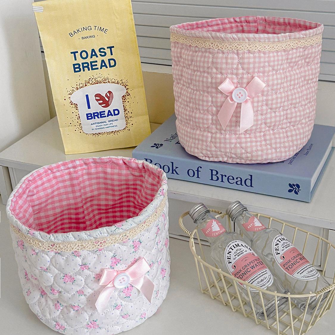 Round storage basket with bow heart patchwork design, plaid lining fabric storage basket, girly desktop organizer
