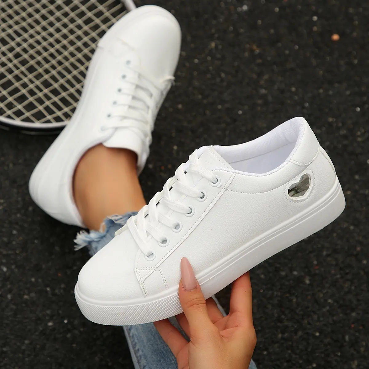 Women's White Lace-Up Low-Top Heart Cutout Platform Casual Sneakers for School, Shopping, Everyday Wear
