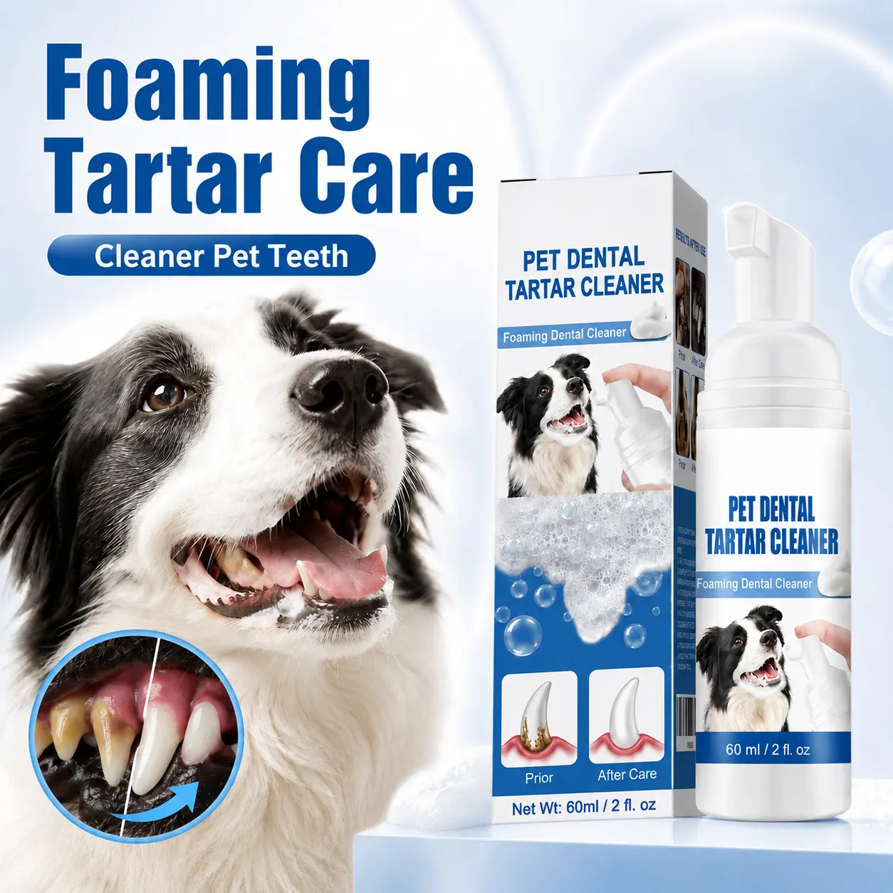 Pet Oral Care Foam Cleaner, 60ml Foaming Dental Cleaner with Glycerin & Honeysuckle, Helps Clean Tartar Buildup & Yellow-Looking Teeth, Freshens Breath & Supports Oral pH Balance for Dogs & Cats