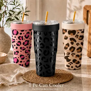 32oz Leopard Print Universal Cup Insulator for To-Go Coffee, Vacuum Stainless Steel Can Cooler Keeps 12H Ice Cold, High Aesthetic Summer Drink Holder for Office & Car, Tumbler