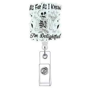 Skeleton Pattern Retractable Badge Reel, 1/20pcs Acrylic ID Holder with Clip for Nurses Doctors Students Office Staff, Identification Badges & Supplies