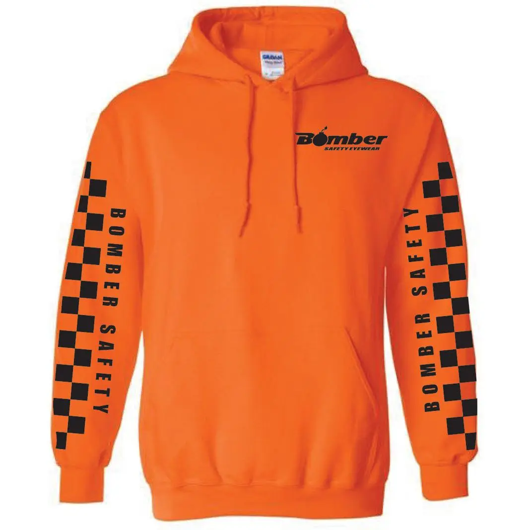 Women's Checkered Printed Hooded Sweatshirt Top - Safety Orange, Classic Fit Cotton Blend Long-Sleeve Pullover with Pocket
