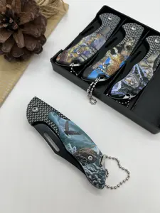 4-piece folding pocket knife, 3D patterned stainless steel handle, Lightweight and portable, suitable for outdoor camping fishing