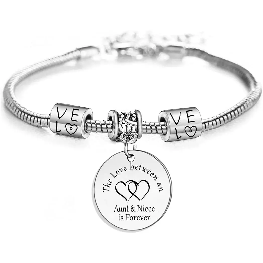 Aunt Charm Bracelet from Niece, Engraved Round Pendant Jewelry with Heart Charm, 'The Love is Forever' Birthday Gift Idea, Birthday Gift Ideas