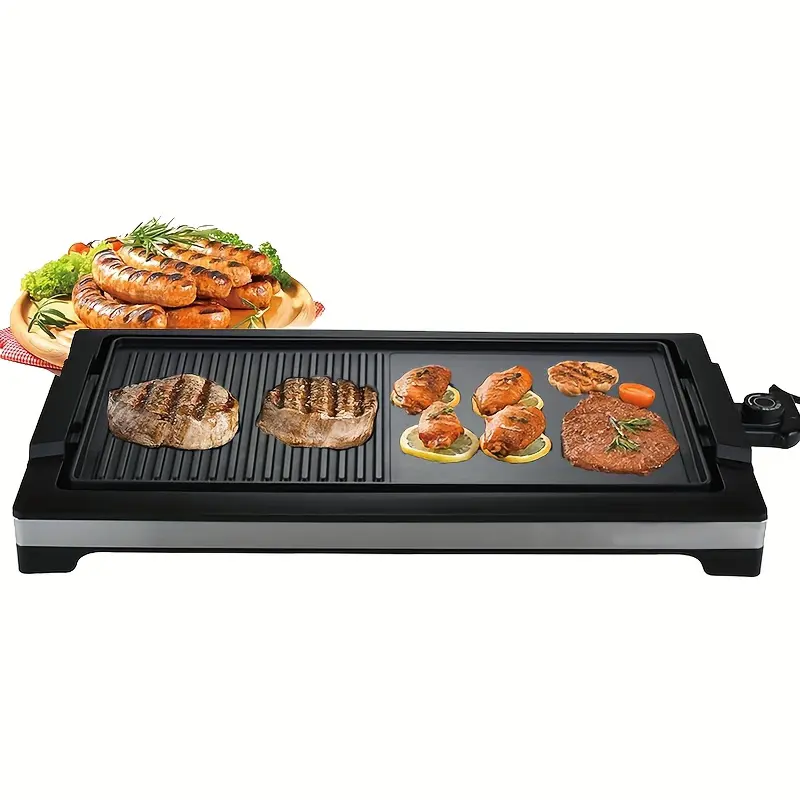 2-in-1 Portable 1800W 110v-120v Smokeless Indoor Electric Grill, Fast Heat-Up Nonstick BBQ Grill, 5-Level Adjustable Temperature, Detachable & Easy-to-Clean Dishwasher-Safe Water Tray (Fits 8 People), 17.7" X 12.6" X 3.1", Easy-Remove
