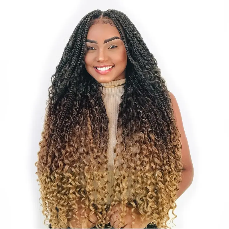 9 Packs Boho Box Braids Crochet Hair 24 Inch Goddess Box Braids Crochet Hair With Curly Ends Synthetic Bohemian Braids Hair Extension For Women (24inch, 1b/30/27)