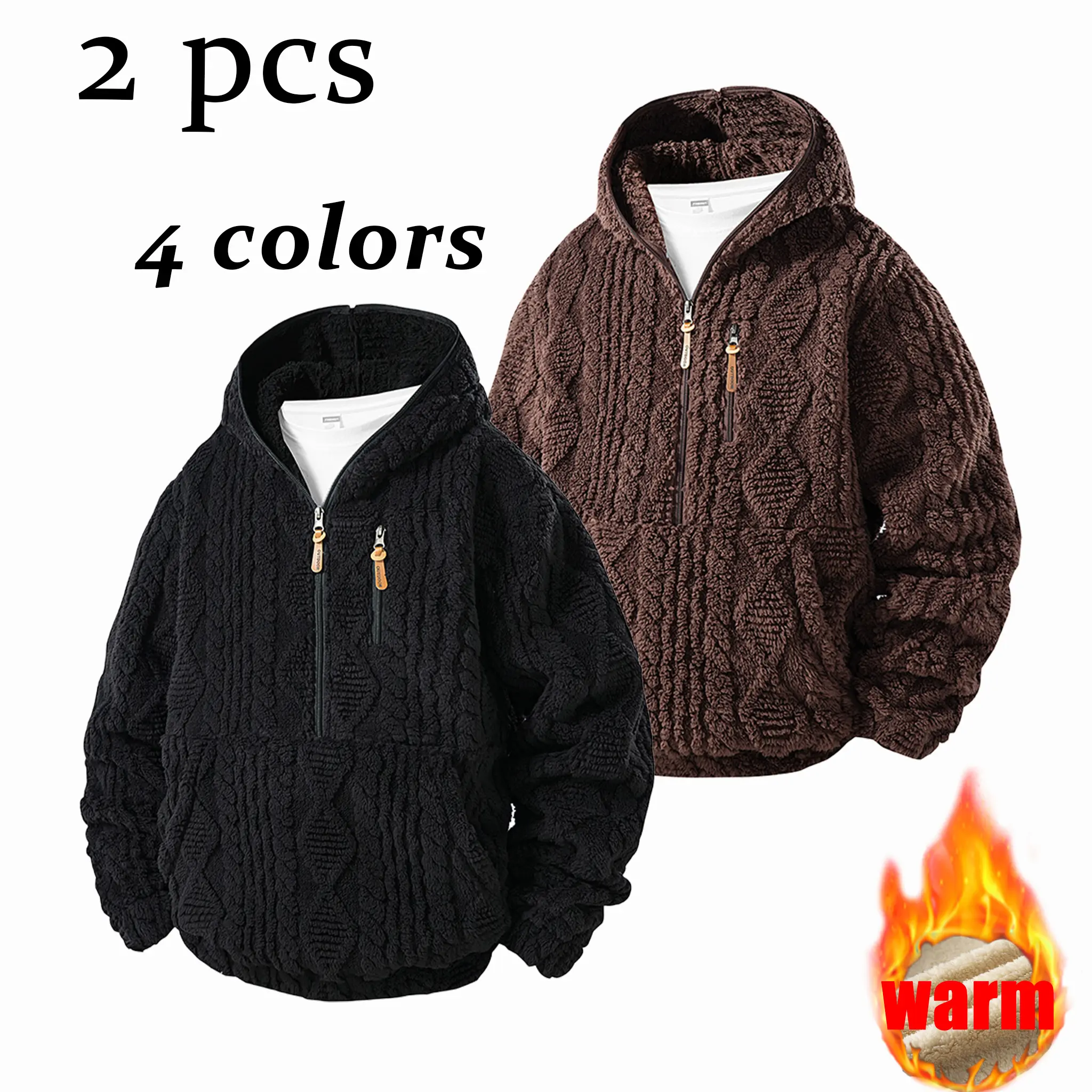 Single & Double Packs Available, Men Textured Embossed Sherpa Fleece Hoodie Jacket, Warm Loose Winter Loungewear Coat Featuring Full Zipper, Adjustable Hem Drawstring and Side Hand Pockets