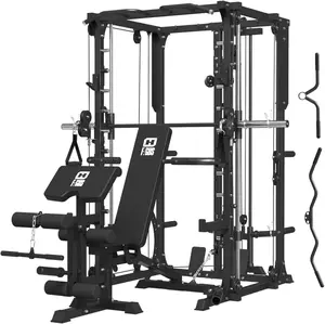 Multifunctional Smith Machine Power Cage with Dual Cable Crossover, LAT Pulldown & Weight Stack System,Multifunctional Home Gym Machine with LAT Pulldown Adjustable Workout Equipment