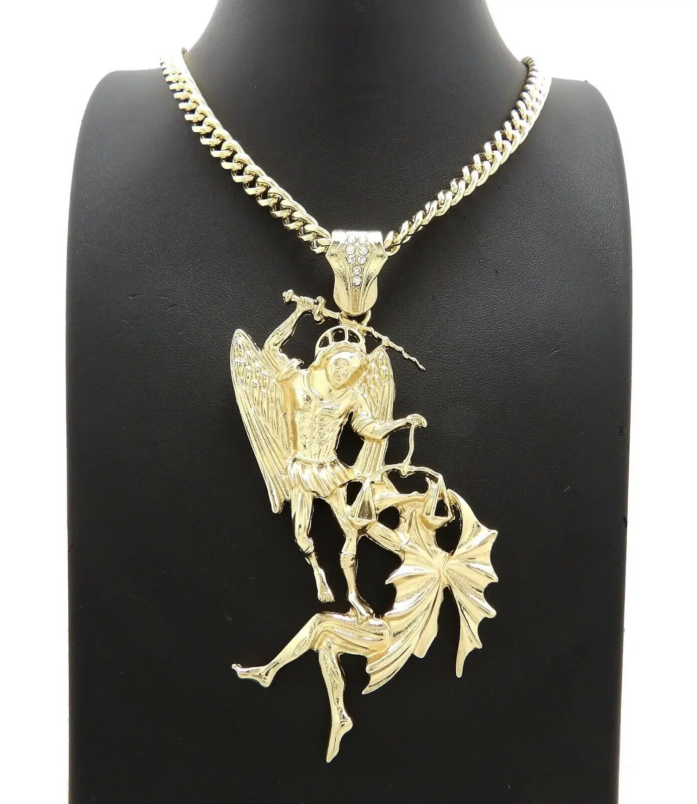MaxBling81 Fashion Pendants, Unisex Saint Michael Archangel Hip Hop Necklace with Gold Plated 6mm Cuban Links Chain, Casual Multi-size 24-36 Inch