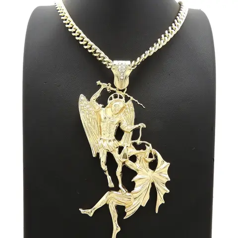MaxBling81 Saint Michael Archangel Pendant Religious Necklace - Unisex Chunky Gold Cuban Link Chain, 6mm, 24-36in, Metal Coated, Oversized Silver Hip Hop Costume Jewelry Faith Gift, Chunky Gold Necklace