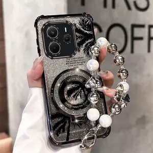 Redmi Note 14 5G Shockproof PC Fashion Strap Lanyard Phone Holder Protective Case For Compatible With Xiaomi Redmi Note 14 5G Black Coconut Tree Stand Cover Accessories