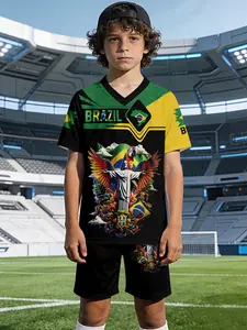Samba Boys' Stadium Jersey Set for Boys - V-neck Sports Short-sleeve and Shorts Set, 100% Polyester, Casual and Loose Fit, with Summer Casual, Fashionable and Fun Printed Patterns. Suitable for summer outdoor physical activities and daily casual wear, it'