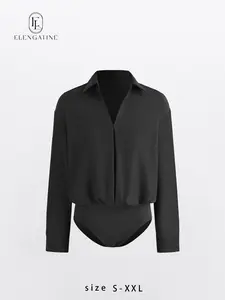 Elengatine Women’s Collared V-Neck Bodysuit Top – Minimal Shirt-Inspired Design, Soft Lightweight Fabric, Easy Tuck Look for Office, Casual & Day-to-Night Outfits