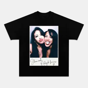 Selena & Aaliyah Retro Music Legends Graphic Tee Soft and Breathable Premium Cotton Printed Crew Neck T-Shirt Unisex Style Holiday Gift Retro Fashion Casual Street Style Black Top
