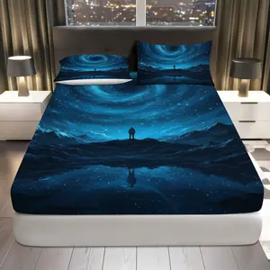 3Pcs Galaxy Landscape Night Sky Fitted sheet Three Piece Set (1*Fitted Sheet+2*Pillowcases, Coreless), Cosmic theme, Astronaut Galaxy Bedding Set, Mattress protector Soft, Breathable