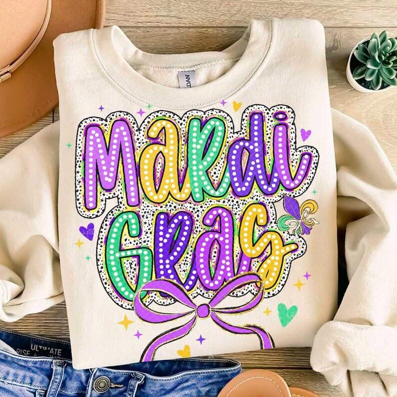 Mardi Gras Coquette Bow Sweater, Mardi Gras Sweatshirt, Mardi Gras Sweater, Happy Mardi Gras Sweatshirt Fleur De Lis Sweater Dalmatian Dots Hand Drawn