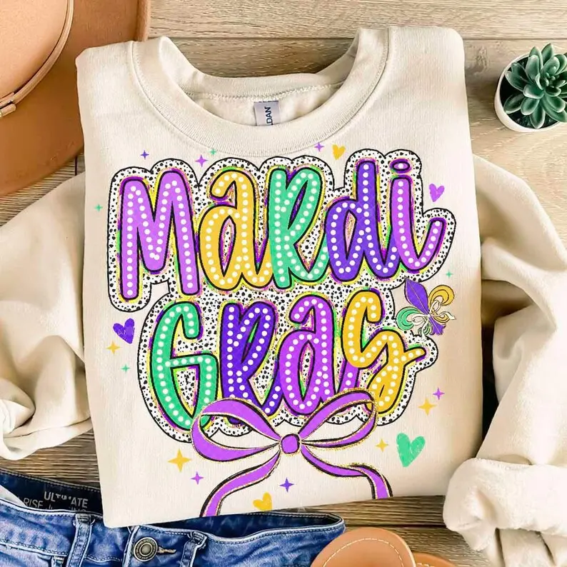 Mardi Gras Coquette Bow Sweater, Mardi Gras Sweatshirt, Mardi Gras Sweater, Happy Mardi Gras Sweatshirt Fleur De Lis Sweater Dalmatian Dots Hand Drawn