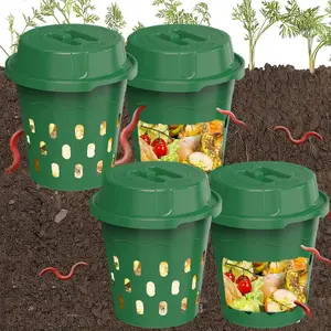 4-Pack InGround Compost Bin for Garden Beds, 8L Worm Composter Farm for Faster Composting, Worm Composter Kit with Aeration, Animal-Proof Lid for Beginners (9.5x9.5x10.8Inch) (4, Green)