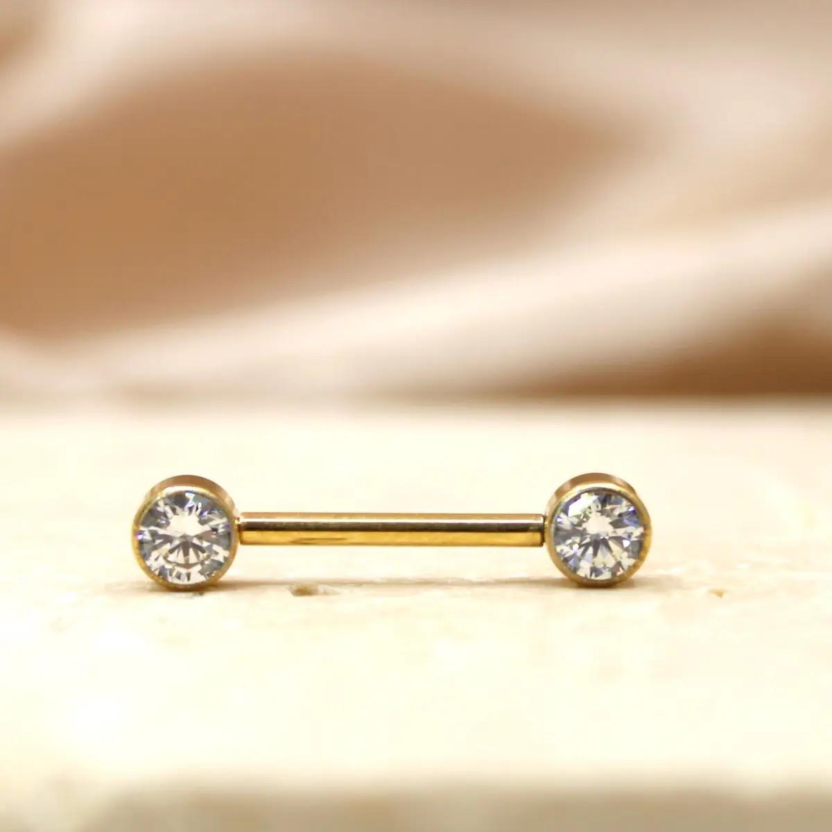 14G Nipple Rings, Gold Bezel-Set Flat Back Barbells in Implant Grade Titanium, Internally Threaded 14mm, High Quality Jewelry Pair, Female, Cute, 9/16" (14Mm)