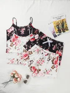 [Plus Size] Floral Print Cami Top & Shorts Pyjama Set, Casual Comfy Loungewear Set for Women, Women's Sleepwear for Summer, Spaghetti Strap, Womenswear, Camisole Sets