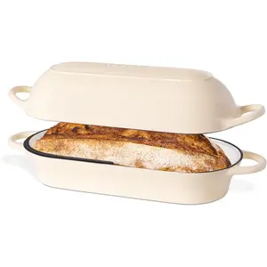 Enamelled Cast Iron Bread Loaf Pot - Dutch Oven For Sourdough Bread Baking - Oven Safe Non Stick Bread Pot - Rectangular, Cream, 34cm x 16cm - by