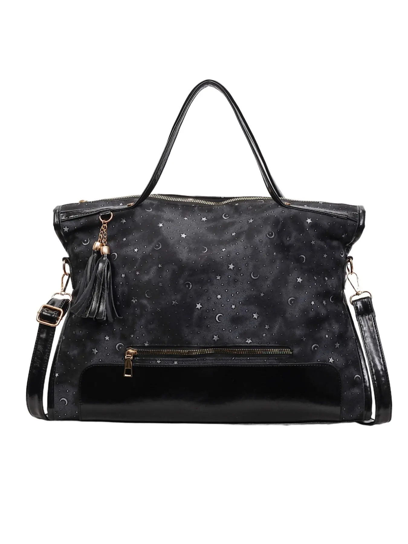 High-Quality Star Moon Print Large Capacity Tote Bag, Fringe Decor, Crossbody & Handheld, Crossbody for Work, Commute Business Travel Laptop Bag, Crossbody Handbag, Commuter Crossbody Bag, Fashion Patterned Bag