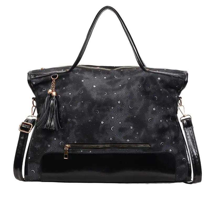 High-Quality Star Moon Print Large Capacity Tote Bag, Fringe Decor, Crossbody & Handheld, Crossbody for Work, Commute Business Travel Laptop Bag, Crossbody Handbag, Commuter Crossbody Bag, Fashion Patterned Bag, Fashionable Unique Bags