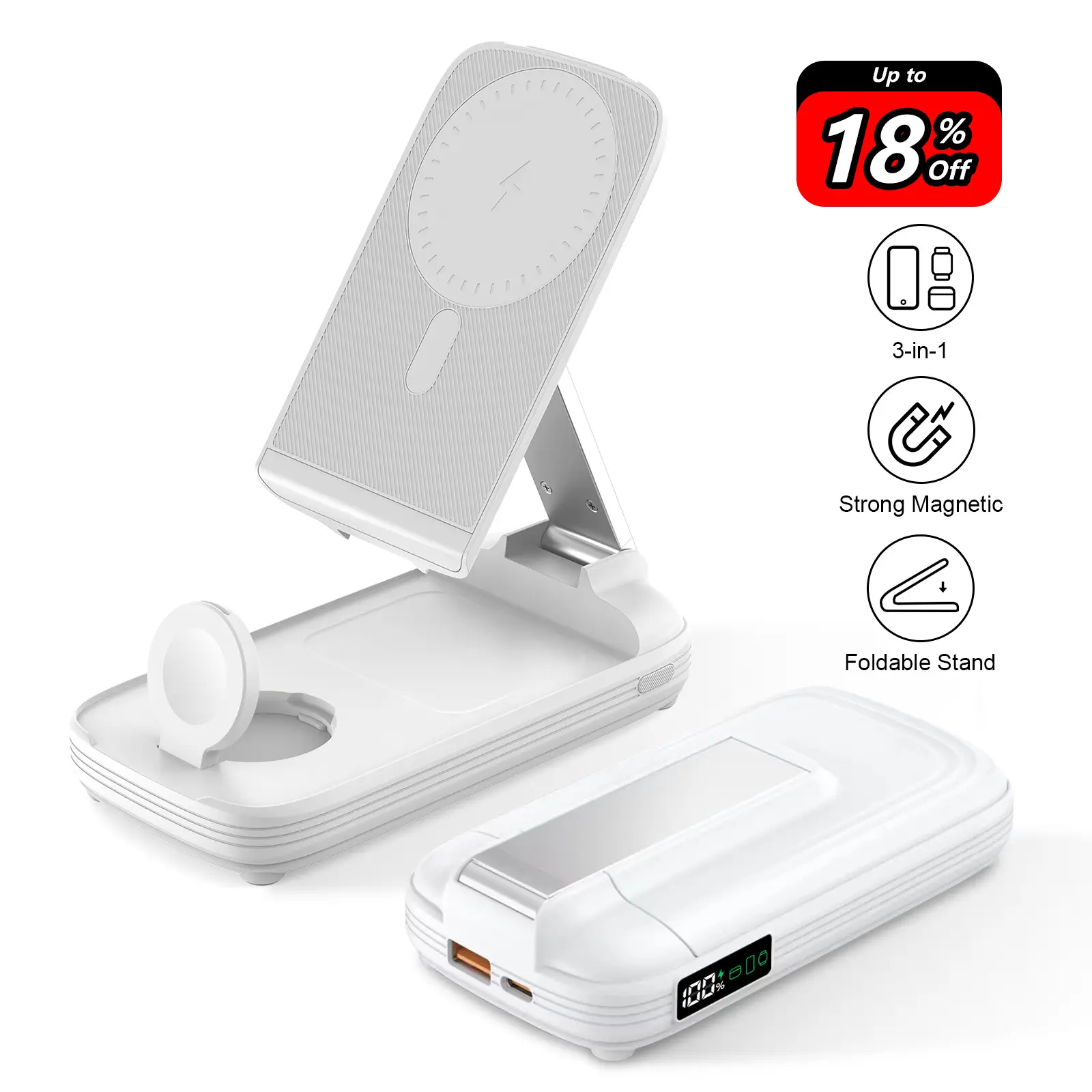 3-in-1 Foldable Wireless Power Bank, 10000mAh Magnetic Power Bank with Adjustable Phone Stand,…
