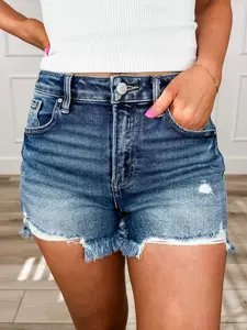 Risen Suri High-Rise Denim Shorts - Medium Wash (Fray Hem, Distressed)