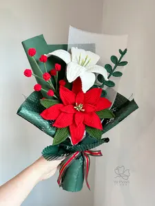 Handmade Crochet Poinsettia, Holiday Flower Bouquet for Christmas Decor or Vase Arrangement
