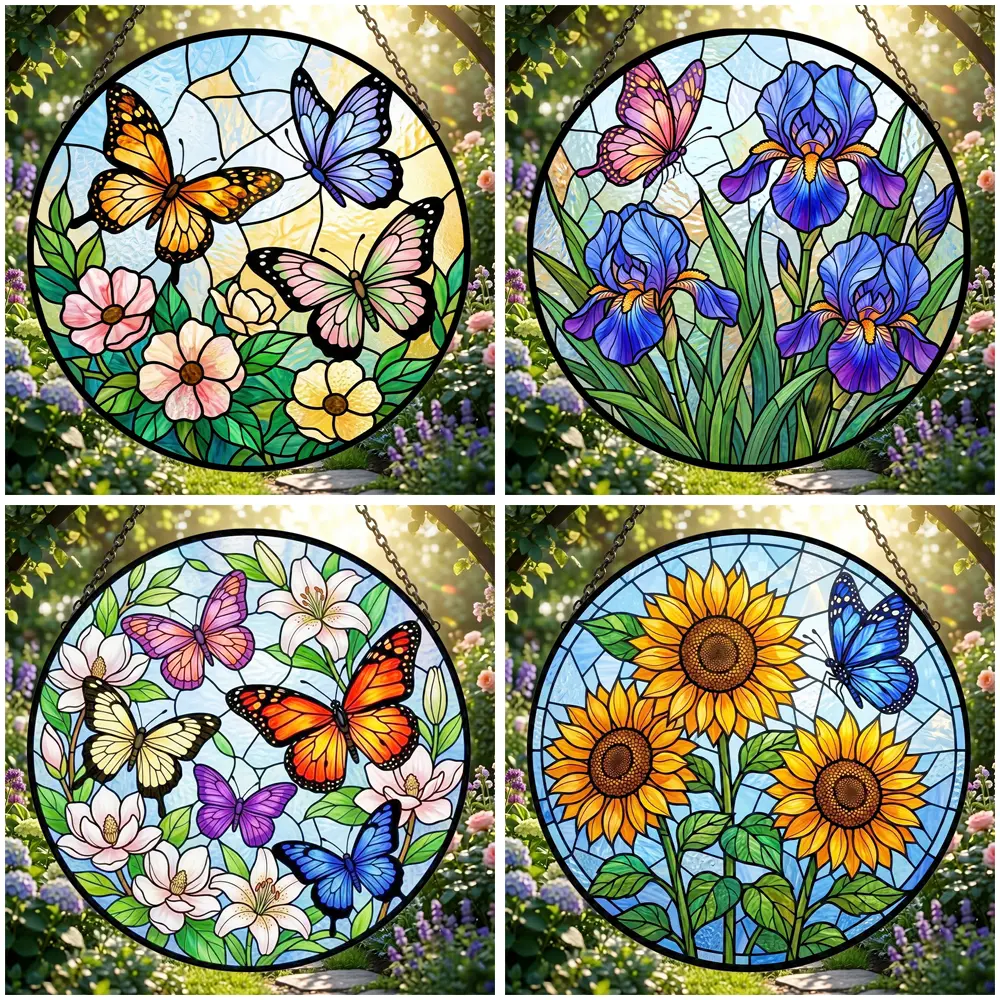 Magical Stained Glass Butterfly Sunflower Hanging Suncatcher, Crystal Light Catcher Window Decor Panel, Unique Home Decor Gift for Nature Lovers
