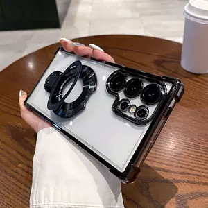 Electroplated Clear Phone Case for Samsung Galaxy S26 Ultra, Four-Corner Air Cushion Shockproof Soft TPU Cover with Sticky MagSafe Compatible Stand