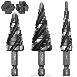 Swiilpo THINKWORK Four Spiral Flute Step Drill Bit Set, 3 Pcs HSS Step Drill Bits (1/8"-7/8") Unibit Step Drill Bit with Tool Box, 1/4" Shank Step Bits for Aluminum, Wood, Plastic, Metal,By Quesear