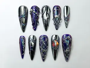 Metallic Dragon Scale Press-On Nails | Gothic Fantasy Inspired Set | Unique 3D Chrome Press-Ons | Cyberpunk And Gothic Nails | JB725HC