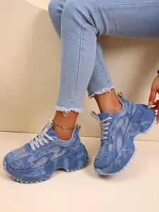 Women's Light Blue Denim Rhinestone Thick Sole Dad Shoes, Walking Shoes, Lace-Up Vintage Style Commuter Casual All-Season Women's Shoes