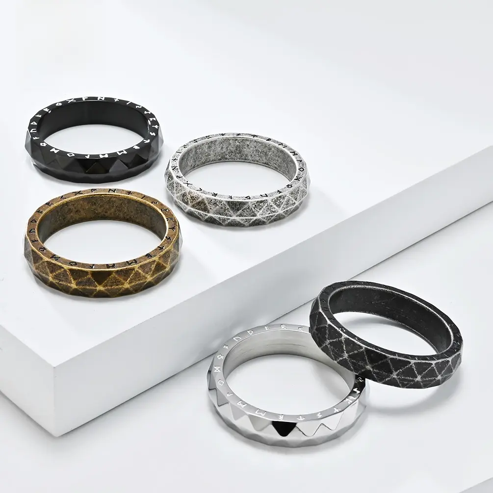 Men's Viking Rune Ring - Vintage Black Stainless Steel Minimalist Band, Faceted Diamond Cut Finish, Multi-Size Round Shape, Casual Wear Jewelry, Male Wedding Band, Promise Ring