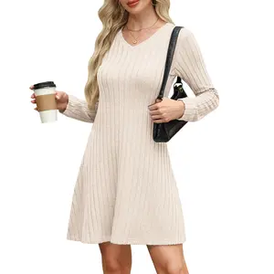 AUSELILY Womens Fall Dress 2025 Long Sleeve VNeck Short Dress Lightweight Casual Knit Sweater Dresses  Everyday Elegance Minimalist Warm Cozy