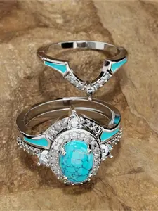 3pcs/Set Elegant Women Cubic Zirconia Ring Set With Turquoise Accents, Retro Boho Wedding Engagement Jewelry Set Birthday Anniversary Christmas Gift
