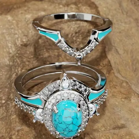 3pcs/Set Elegant Women Cubic Zirconia Ring Set With Turquoise Accents, Retro Boho Wedding Engagement Jewelry Set Birthday Anniversary Christmas Gift