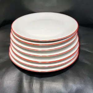 Vintage Plates Set Of 7 Royal Treviso  Italian Porcelain 7.5" White Plate Red Band