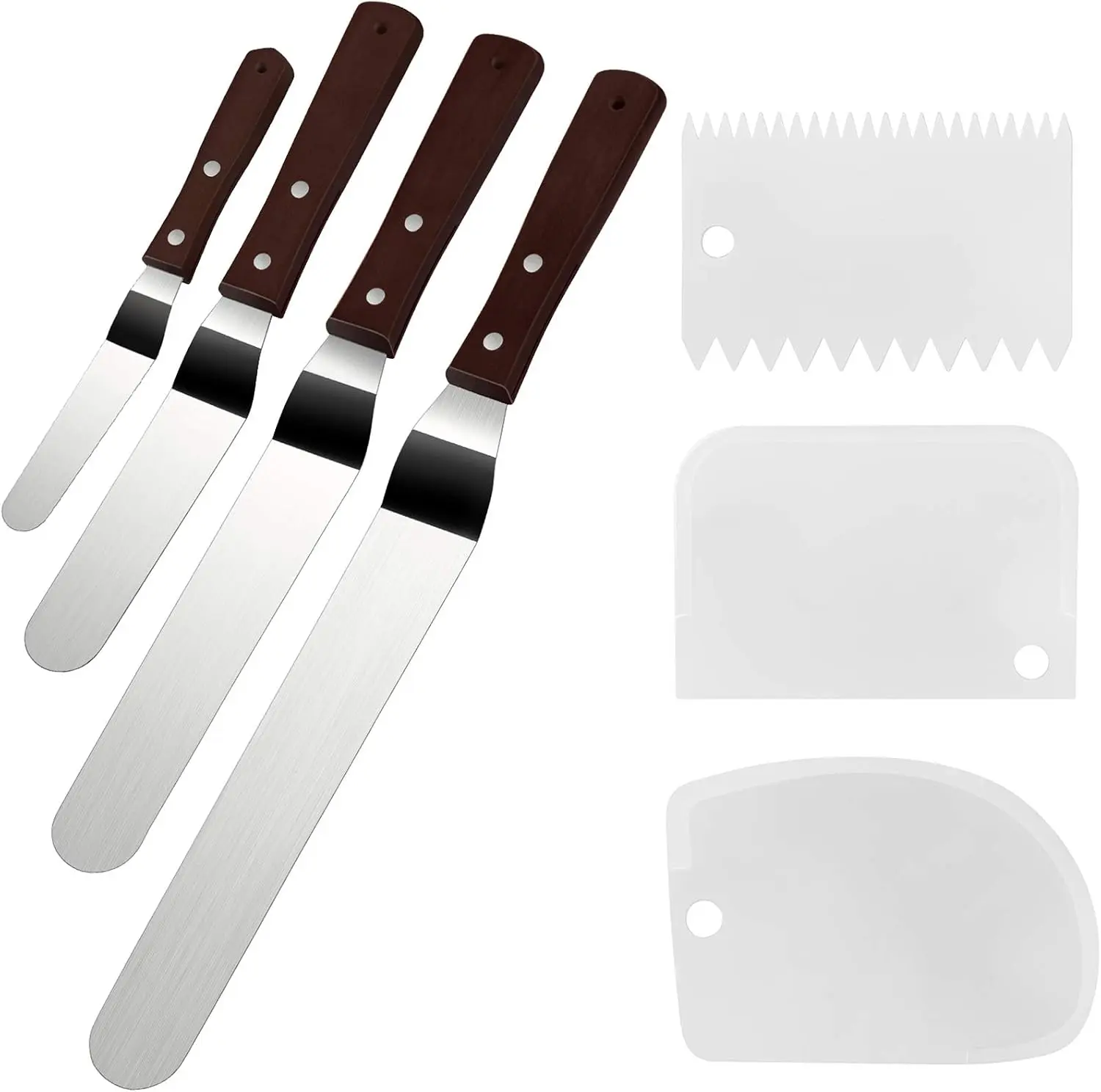 4 Pack Offset Spatula Set for Cake Decorating, Icing and Frosting Scraper | 4,6,8 and 10-Inch, Stainless Steel Blades with Wooden Handles, Angled, Includes 3 Plastic Cake Smoothers, Baking