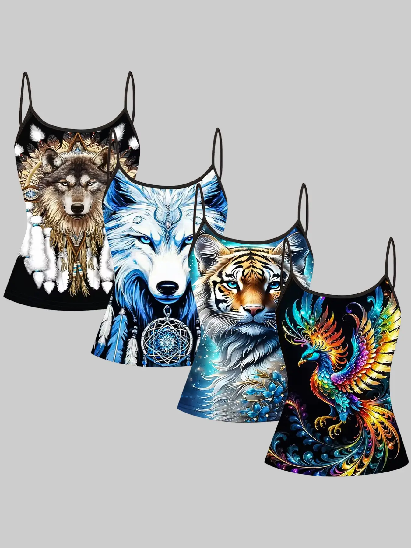 4-Piece Tribal Totem 3D Wolf Tiger Phoenix Tank Tops Sleeveless, Ethnic Dreamcatcher Print Slim-Fit Strapless Tees, Summer Outerwear & Innerwear for Women