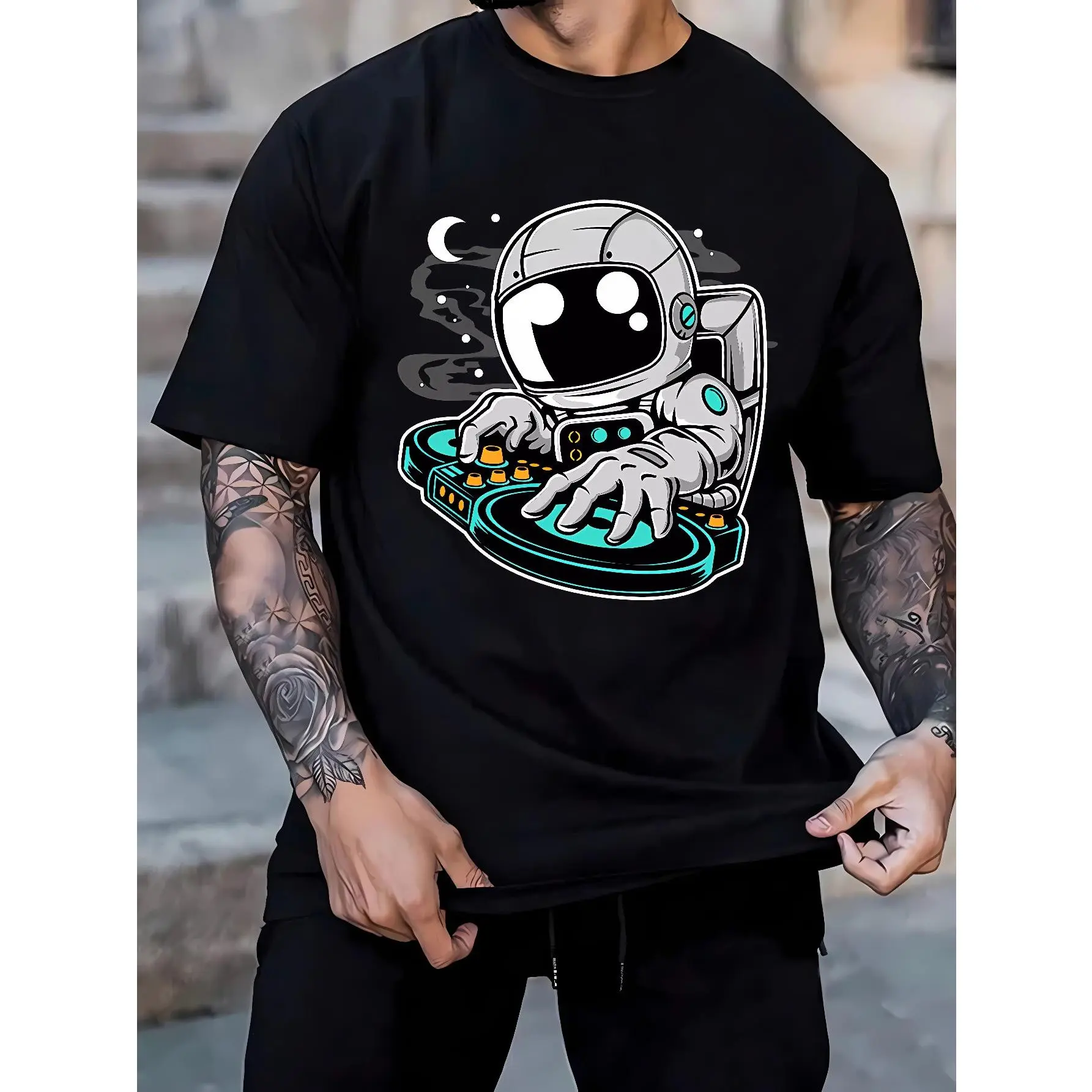 Men's Cotton Short-Sleeve Round Neck Astronaut Deejay Print T-Shirt - Relaxed Fit, Soft Breathable Fabric, Casual Sportswear for Spring-Fall Outdoor Use, Ideal Gift Tshirt