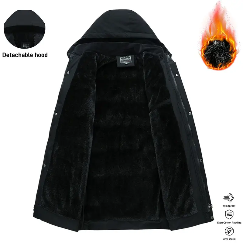 Men's Mid-Length Casual Fashionable Jacket - Detachable Hood, Windproof, Winter Warm-Lined, Plain Polyester, Pull-On Longsleeve Daily Jacket Coat, Menswear Top Outerwear Men's Mid-Length Casual Fashionable Jacket - Detachable Hood, Windproof, Winter Warm-Lined, Plain Polyester, Pull-On Longsleeve Daily Jacket Coat, Menswear Top Outerwear
