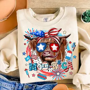 GENERIC Women's Western Highland Cow Casual Short Sleeve Round Neck Fabric Top - 4th of July Western Sublimation Flag Design