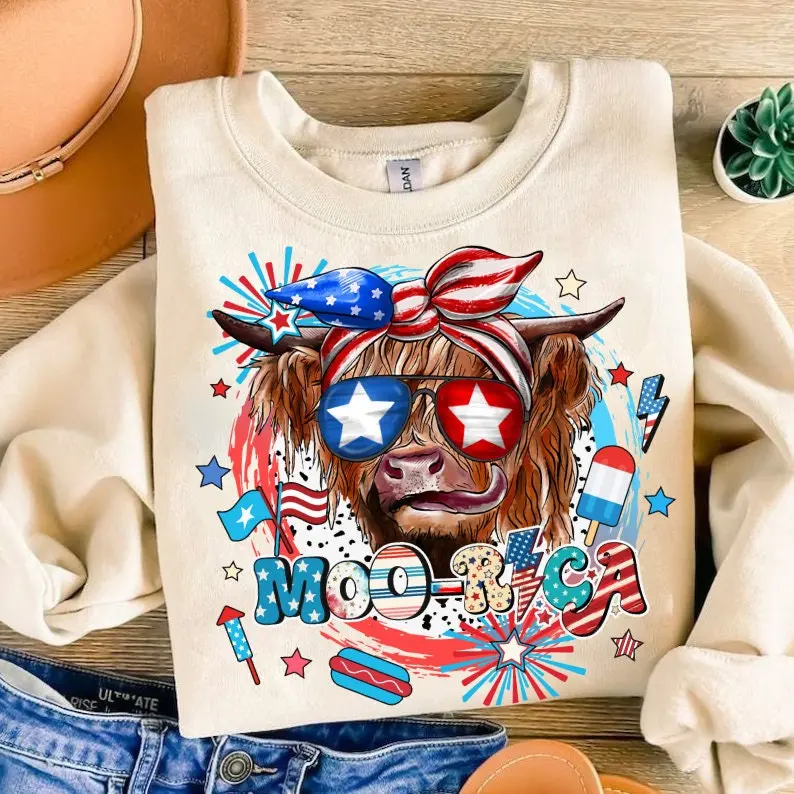 GENERIC Women's Western Highland Cow Casual Short Sleeve Round Neck Fabric Top - 4th of July Western Sublimation Flag Design