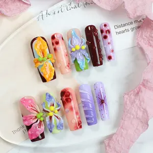Hello Kitty 3D Floral Press-On Nails - Dopamine Color Wave Design Handcrafted Water Drop Detachable Nail Art Kit with Acrylic Press Nails and Diamond Tip Nails