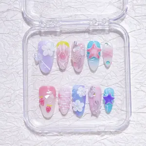 Iridescenal 10pcs the water drop press on nails,Y2K style, 100% handmade，reusable ,Blue nails, with 3D, carvings, strawberries, five-pointed stars, bows，suitable for daily wear and matching, and also the best gift for girls and ladies