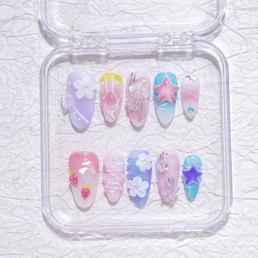 Iridescenal 10pcs the water drop press on nails,Y2K style, 100% handmade，reusable ,Blue nails, with 3D, carvings, strawberries, five-pointed stars, bows，suitable for daily wear and matching, and also the best gift for girls and ladies