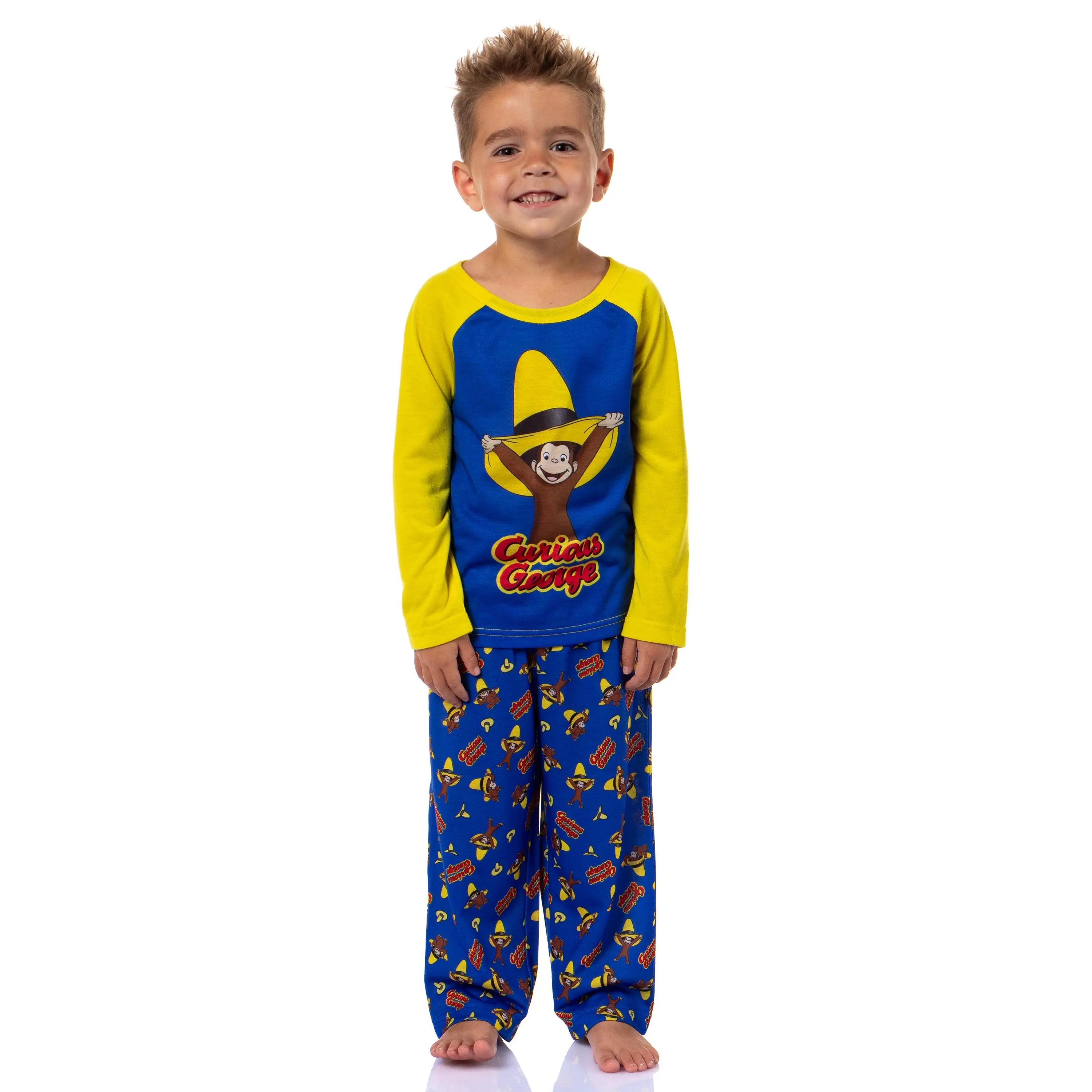 Curious George Cartoon Colorful Toddler Pyjamas Set, Crewneck Long Sleeve Raglan Shirt & Long Pant Sleepwear for Boys (Including Toddler Pajamas Core Features), Cartoon Colorful Sleepwear, Crewneck Sleepwear